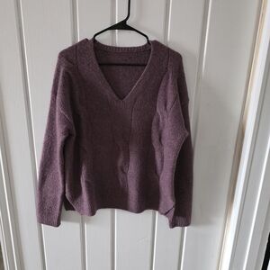 V-Neck Cable Knit Sweater - Dusty Plum